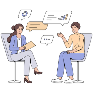 cartoon of two people sitting in chairs talking